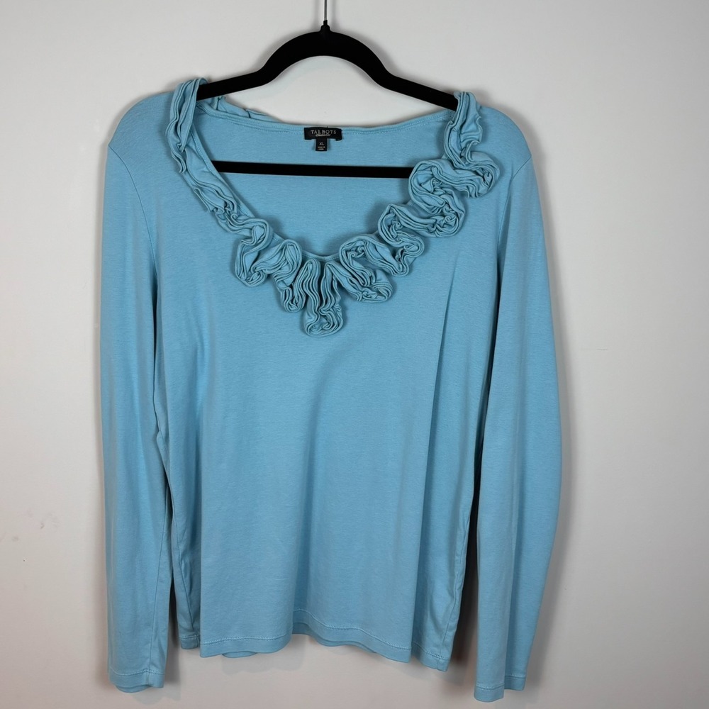 Talbots Womens Baby Blue 3D Flower Ruffle Hem 100% Cotton V-Neck Blouse SZ XL